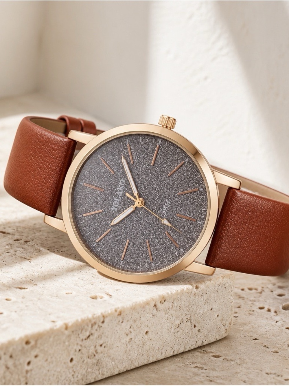 2387 - Brown - Classic Women's Watch with Brown Leather Strap and Gold Case - Picture 2 of 7